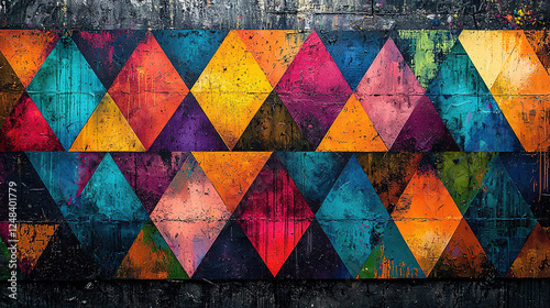 Vibrant geometric mural displaying colorful triangular patterns on a textured urban wall in a city setting. Generative AI