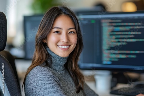 Free Download A smiling young woman, possibly a programmer, sits at her computer, focused and content. - GFXLoad