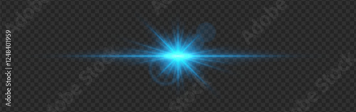 Blue light flare with a radiant glow and lens reflections on a transparent dark background. A luminous burst with sharp beams and a horizontal streak creates a futuristic illumination effect