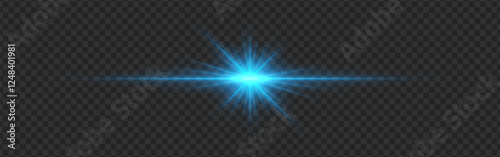 Blue light flare with a radiant glow and lens reflections on a transparent dark background. A luminous burst with sharp beams and a horizontal streak creates a futuristic illumination effect