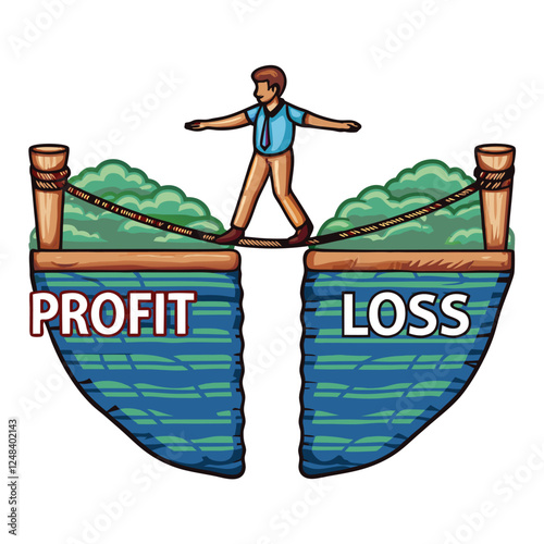 A lone figure, balancing precariously on a taut tightrope stretched between two towering structures labeled "Profit (1)" and an unseen destination, symbolizing risk and reward in business.