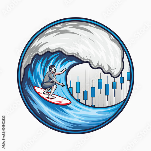 A stylized image of a surfer riding a massive wave formed by fluctuating stock market charts and graphs.  The surfer represents an investor navigating market volatility.