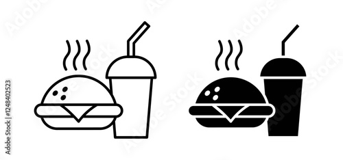 Hamburger soda icons pack vectors in black flat and strokes