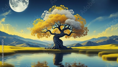 large tree with a winding trunk on the edge of the lake