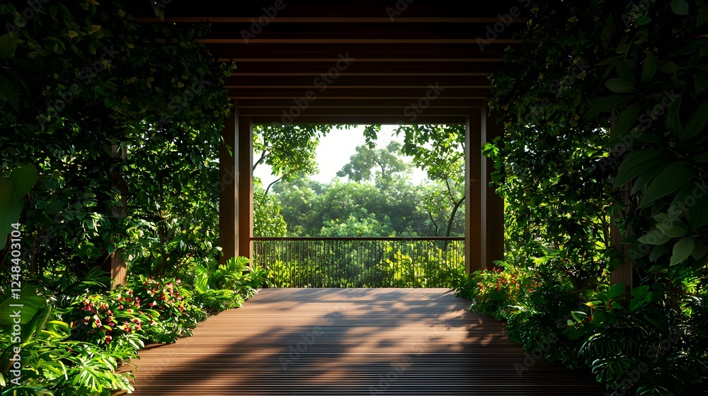 Wooden Walkway Through Lush Tropical Forest Bathed in