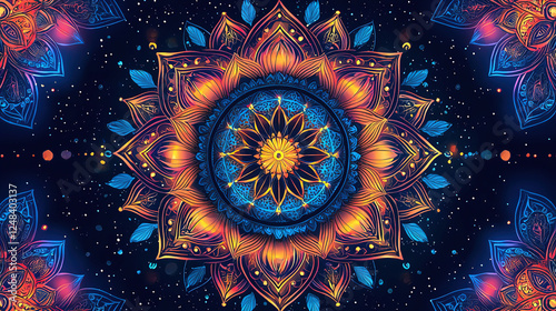 Vibrant mandala artwork featuring intricate floral designs and cosmic elements in vivid colors. Generative AI