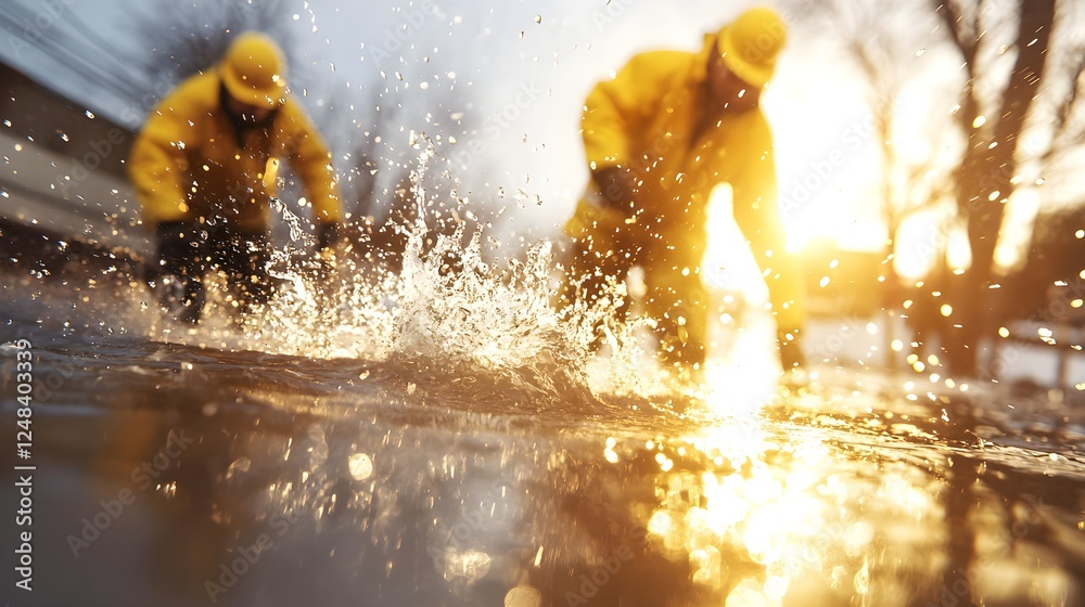 Fototapeta premium Workers in Yellow Respond to Winter Flood