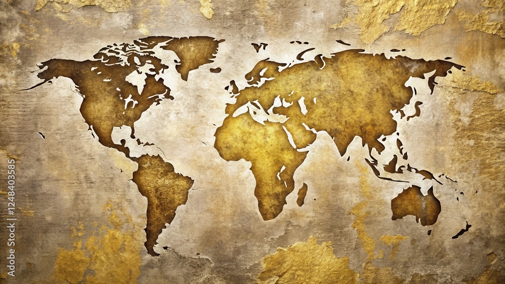 Fototapeta premium Ancient World Map Etched in Gold and Stone, a Timeless Depiction of Global Exploration