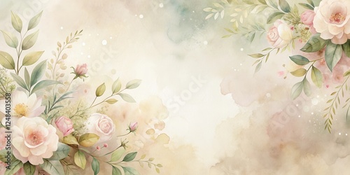 Elegant Watercolor Floral Border Design with Delicate Roses and Greenery on a Soft Beige Background, Perfect for Wedding Invitations or Romantic Projects