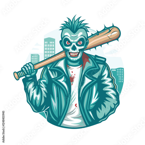 A decaying punk zombie with a vibrant mohawk, sporting ripped leather clothing and aggressive makeup.  Depict a gritty, urban setting.