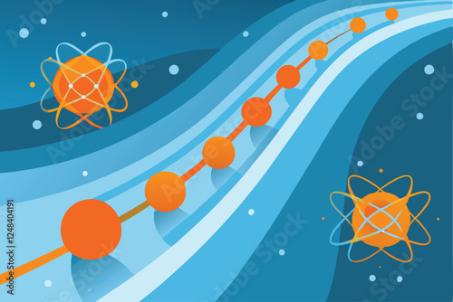 Illustrate a quantum computing concept entangled particles interacting within a wave function, showcasing superposition and qubit entanglement.