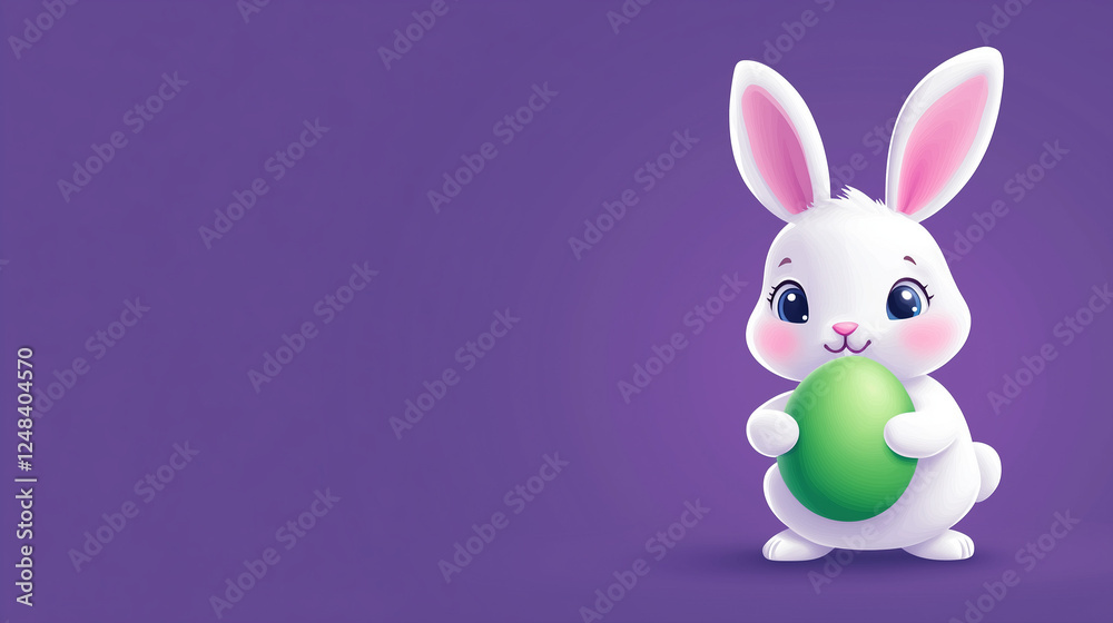 Fototapeta premium A small bunny holds an Easter egg on a flat background, ready for personalization.