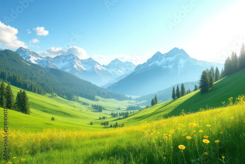 mountain landscape with green grass and clouds