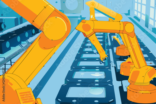 A futuristic robotic arm precisely assembles intricate high-tech gadgets on a factory assembly line.