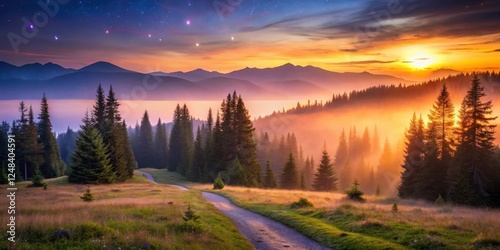 Wallpaper Mural Serene Sunrise Over Misty Mountain Range with Winding Path Through Evergreen Forest Torontodigital.ca