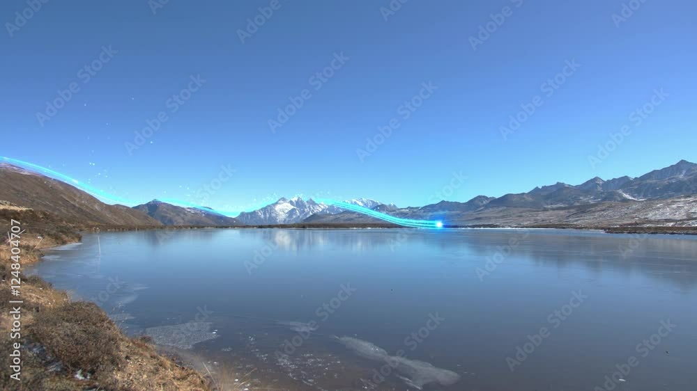 Special effects showcase of light particles soaring over majestic mountains and serene snowy hills Special effects showcase of light particles soaring over majestic mountains and serene snowy hills