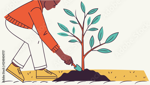 Woman planting seeds near tree in stylized illustration