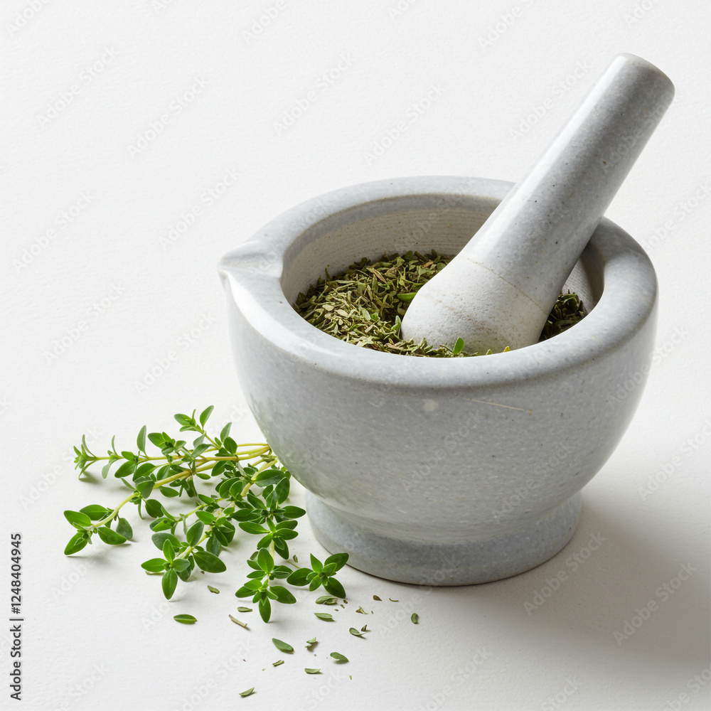 A mortar and pestle with crushed thyme leaves, accompanied by fresh thyme sprigs A mortar and pestle with crushed thyme leaves, accompanied by fresh thyme sprigs