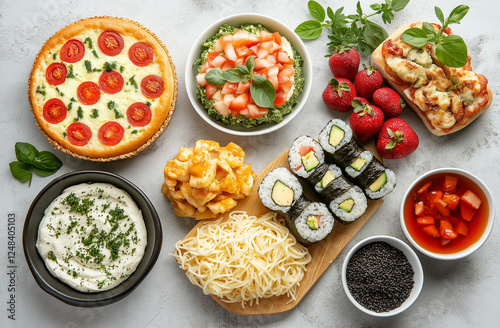 Wallpaper Mural A top-down view of various dishes from an American-style restaurant, including items like spaghetti Bolognese with tomato sauce and herbs, delicious breakfast egg sandwiches on white bread Torontodigital.ca