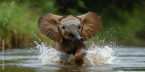 baby elephant joyfully splashes water in river, showcasing its playful nature photo