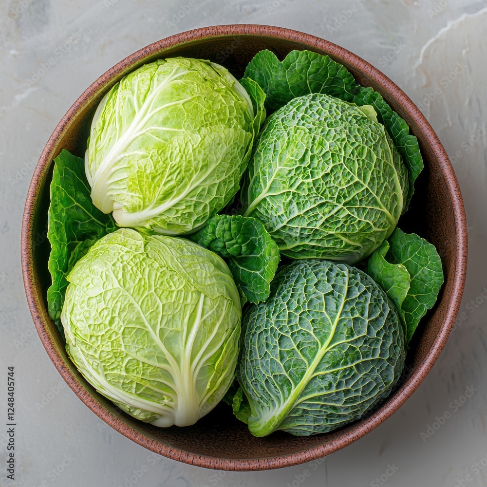 Fototapeta premium Fresh Savoy and Smooth Cabbage Heads Resting in a Bowl, Embracing Wholesome Food Concepts