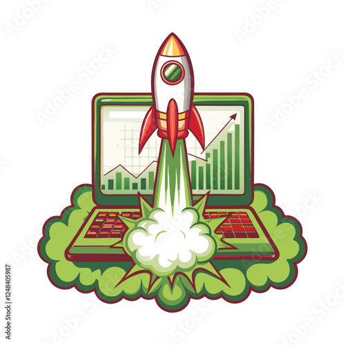 A futuristic rocket launching from a laptop keyboard, symbolizing technological innovation and rapid digital growth.