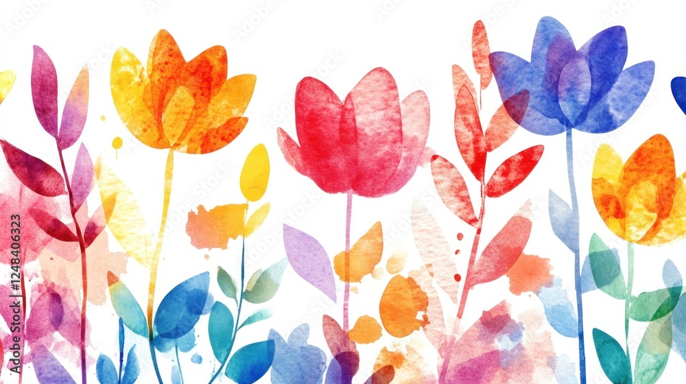 Fototapeta premium Vibrant Watercolor Flowers and Leaves Design