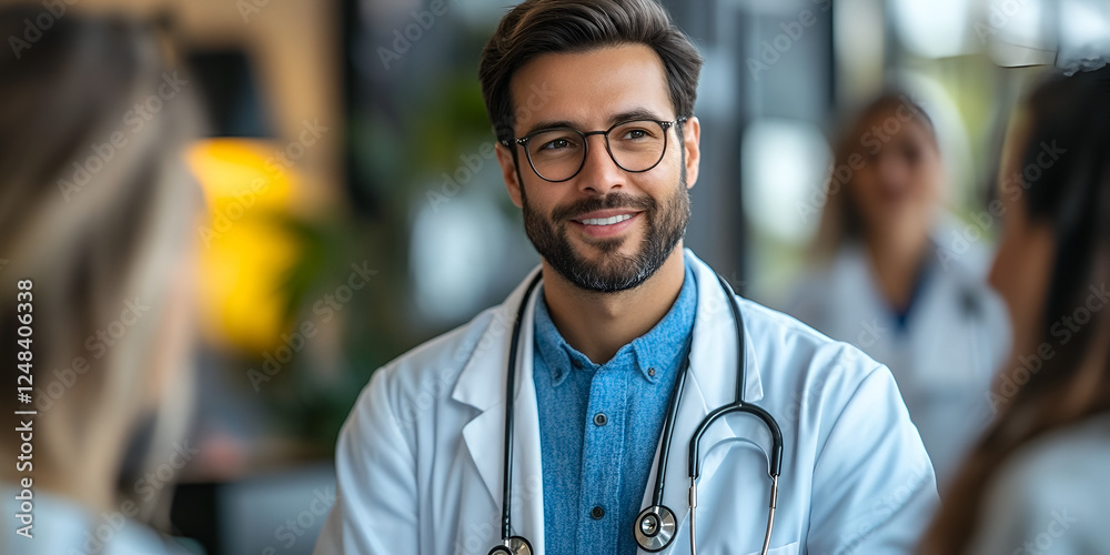 doctor in hospital meeting room smiling and engaging with colleagues doctor in hospital meeting room smiling and engaging with colleagues