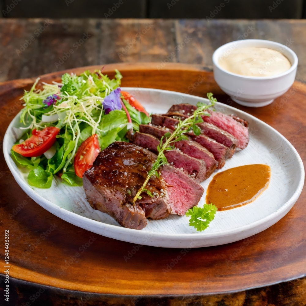 Savory grilled steak with fresh salad and sauce Savory grilled steak with fresh salad and sauce