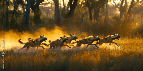 Ferocious wild dog pack hunting in African savanna at sunset photo