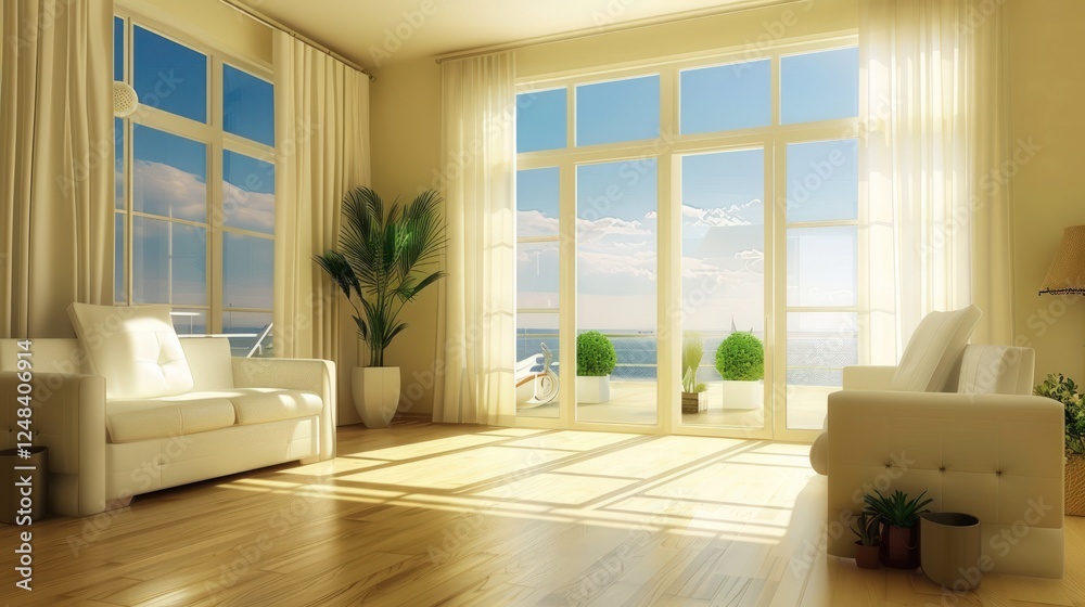 Fototapeta premium Sunlit Coastal Living Room: Modern Beach House Interior Design