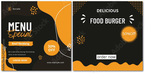 Restaurant promotion social media post design with beef rendang and burger photo