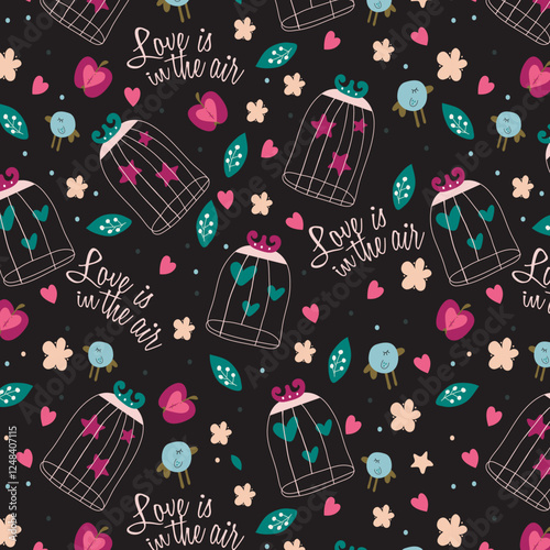 Vintage seamless texture with birds, cages and flowers. Seamless pattern can be used for wallpaper, pattern fills, web page background,surface textures. Gorgeous seamless floral background.