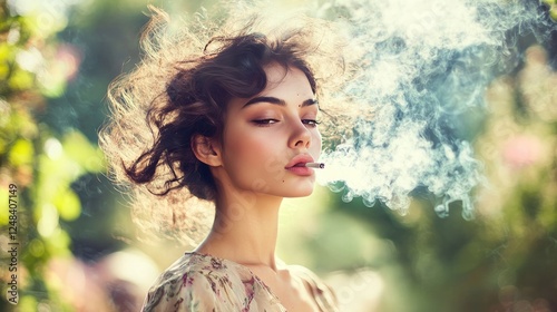 Young woman with messy hair smoking outdoors in soft sunlight photo