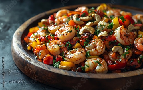 A beautifully plated shrimp stir-fry with bell peppers and cashews, glistening with sauce, placed on a wooden board against a deep charcoal gray background. photo