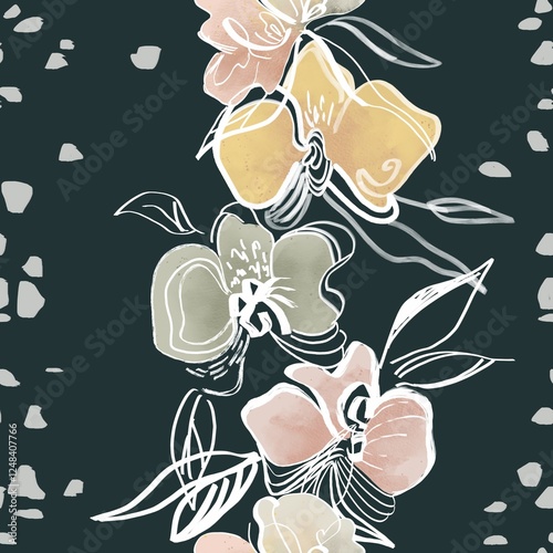 seamless pattern features an abstract floral design in soft pastel tones, combining gentle shades of pink, yellow, green, and white, Perfect for home decor, textiles, packaging