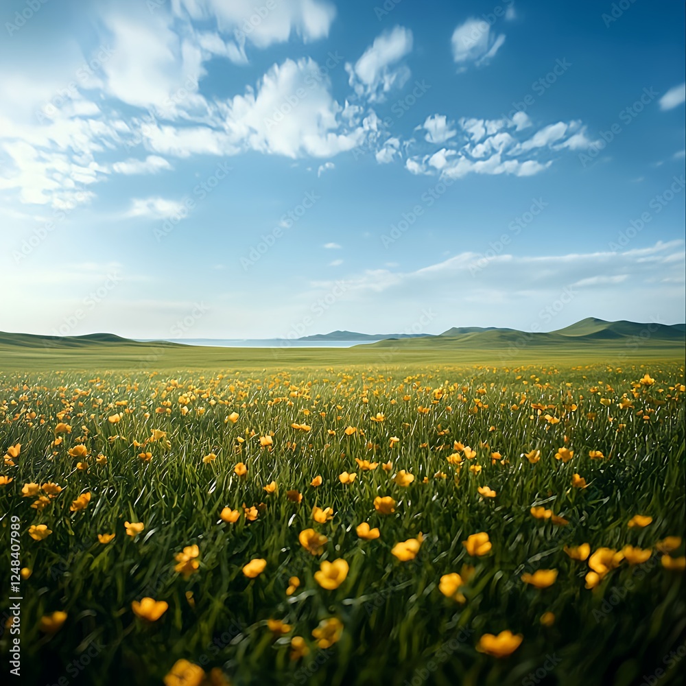 Fototapeta premium Yellow Flower Meadow Under Blue Sky