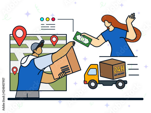 Cash on delivery concept. COD services, collect on demand, sale goods by mail order, full payment in cash, return to retailer, post office delivery, cargo package, fast delivery. 