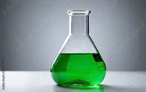 A glass flask filled with vibrant green liquid, representing scientific research and environmental sustainability