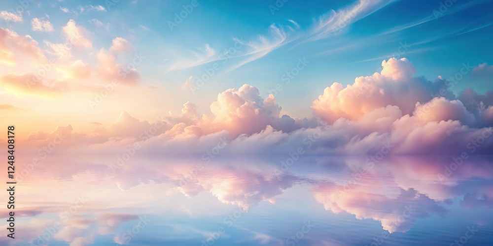 Serene Sunset Cloudscape Reflected in Calm Waters, a Dreamlike Panorama of Pastel Hues and Gentle Brilliance Serene Sunset Cloudscape Reflected in Calm Waters, a Dreamlike Panorama of Pastel Hues and Gentle Brilliance