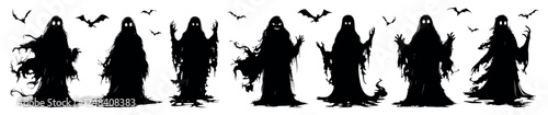 Ghost vector silhouette set. Halloween holiday fear and horror. Mysterious hooded figures with eerie expressions