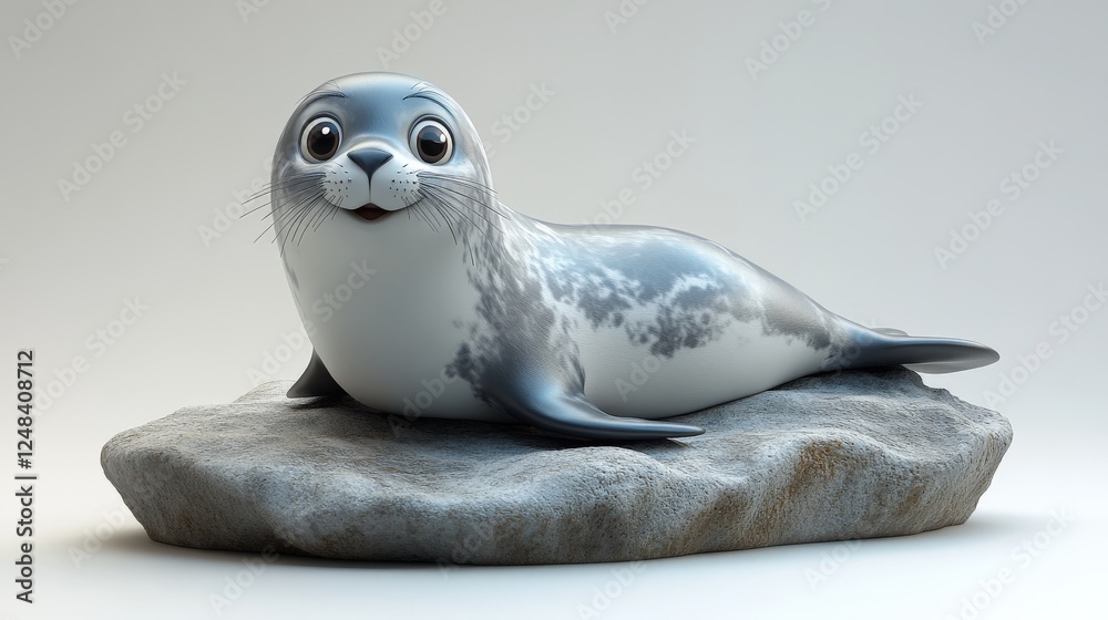 Obraz premium A 3D cartoon seal with big eyes and a playful pose, lounging on a rock on a white background