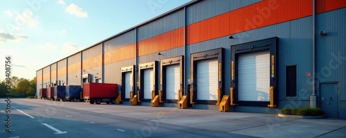 Exterior view of large industrial warehouse with loading docks, industry, cargo, structure