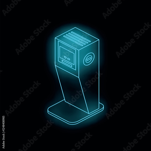 Futuristic glowing blue atm machine on a dark background