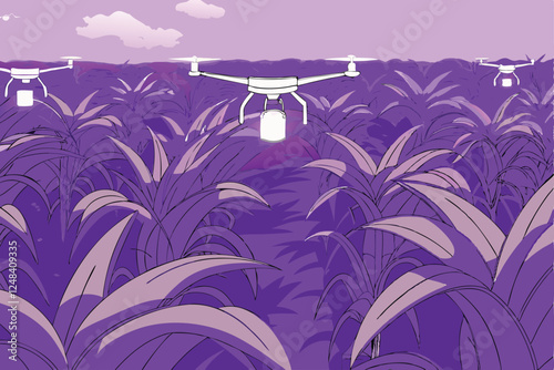 Illustrate a futuristic smart farm utilizing drone technology and IoT sensors for precision agriculture, showcasing automated irrigation and crop monitoring.