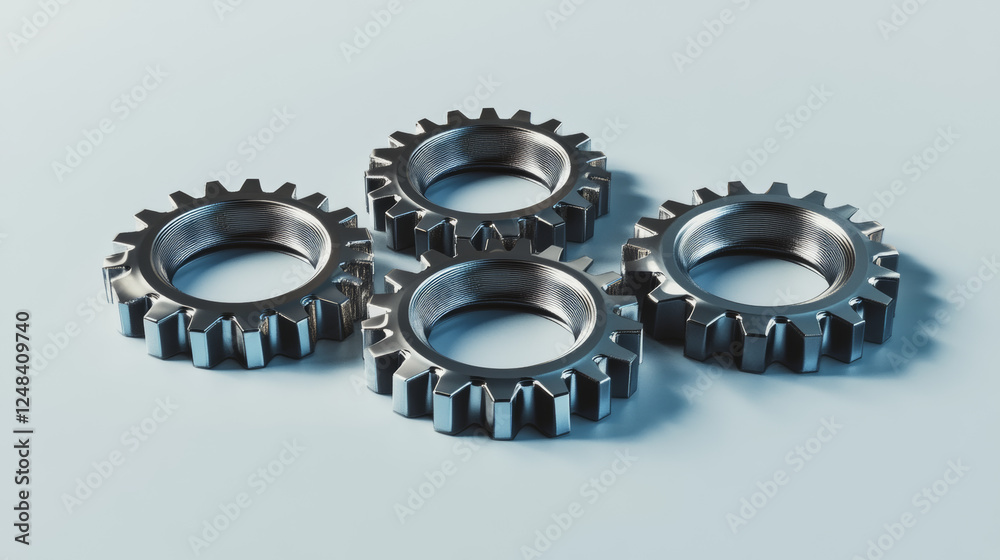 Five metal gears on plain background 3d render illustration Five metal gears on plain background 3d render illustration