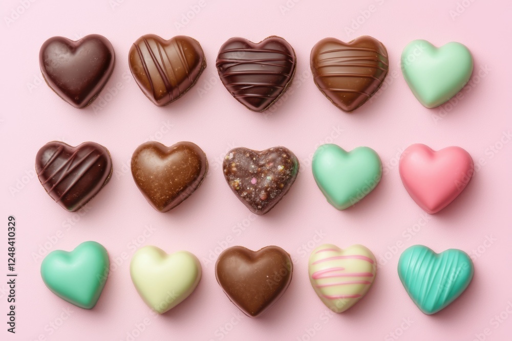 Delightful chocolate hearts sweet treats food display pink background top-down view romantic concept for celebrations Delightful chocolate hearts sweet treats food display pink background top-down view romantic concept for celebrations