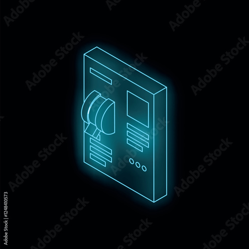 Neon blue switchboard glowing on black background, symbolizing power distribution, electrical circuits, and industrial control systems