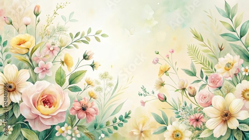 A Delicate Watercolor Painting of a Bountiful Floral Arrangement Featuring Soft Pastel Hues and Lush Greenery, Ideal for Elegant Home Decor or Artistic Inspiration