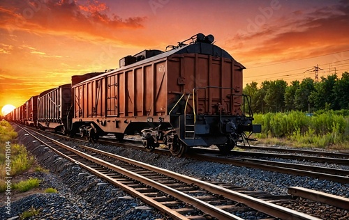 A train, seen from the rear of a freight car, moves along the tracks against a sunset background